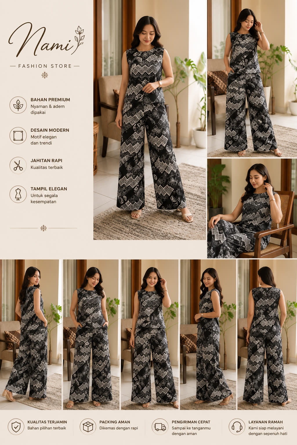 Setelan vast motif seno hitam putih